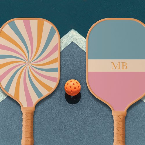 Groovy Retro Pattern Pink Blue Aesthetic Monogram Pickleball Paddle