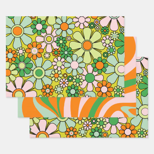Groovy Retro Patterns 60s 70s Orange Green Wrapping Paper Sheets