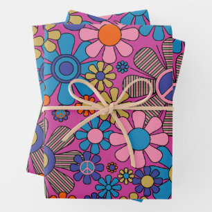 Groovy Retro Peace Flowers 60s 70s Colorful Floral Wrapping Paper Sheets