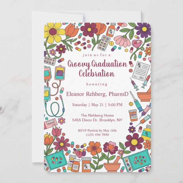 Groovy Retro Pharmacy Graduation Party Invitation (Front)
