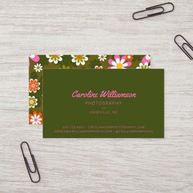 Groovy Retro Pink and Green Botanical Trendy Business Card