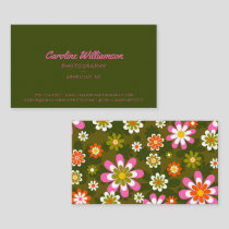 Groovy Retro Pink and Green Botanical Trendy Business Card