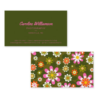 Groovy Retro Pink and Green Botanical Trendy Business Card
