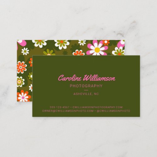 Groovy Retro Pink and Green Botanical Trendy Business Card