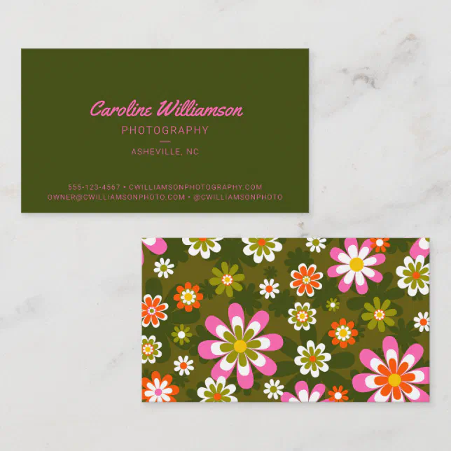 Groovy Retro Pink and Green Botanical Trendy Business Card