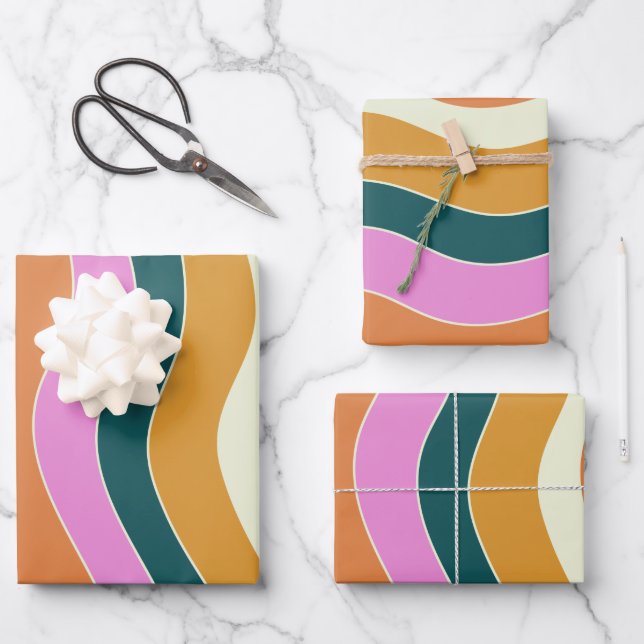 Groovy Retro Pink and Green Wavy Lines Wrapping Paper Sheets (Front)