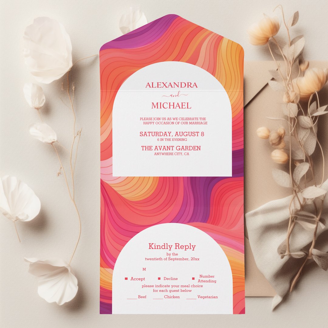 Groovy Retro Pink and Orange Arch Wedding All In One Invitation (Creator Uploaded)