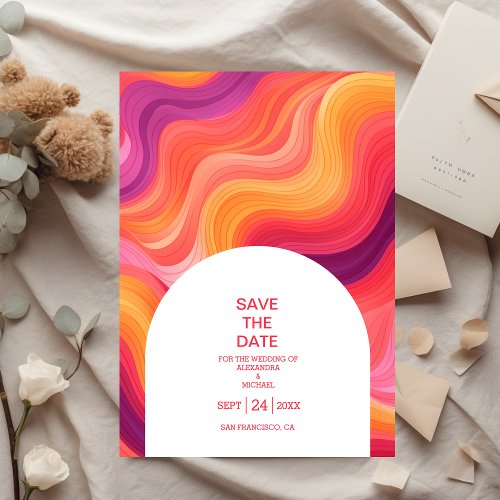 Groovy Retro Pink and Orange Arch Wedding Save The Date