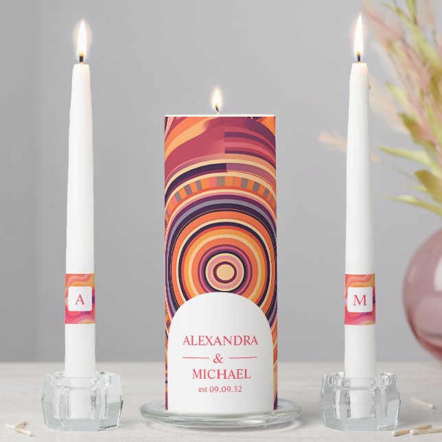 Groovy Retro Pink and Orange Arch Wedding Unity Candle Set (In Situ)