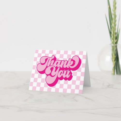 Groovy Retro Pink and White Check 1st Birthday Thank You Card