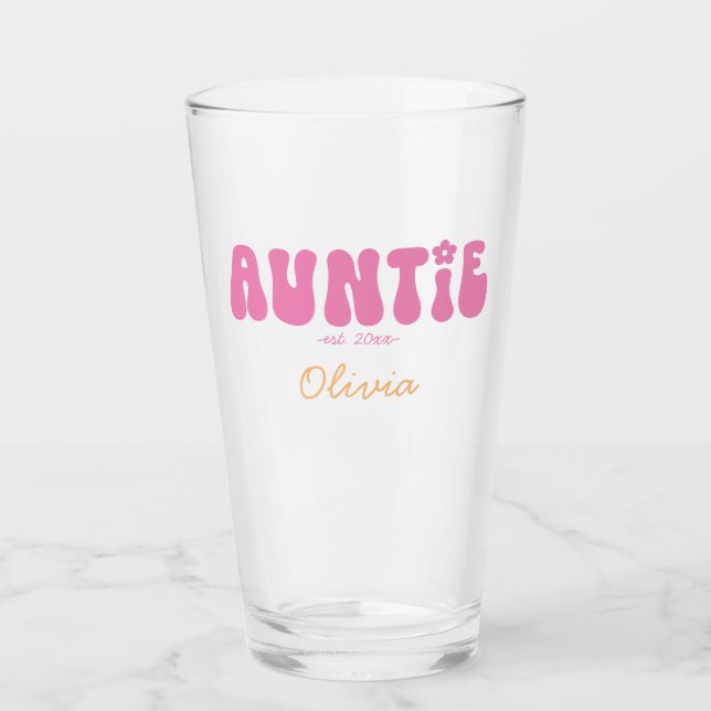 Groovy Retro Pink Auntie Established Monogram Glass (Front)