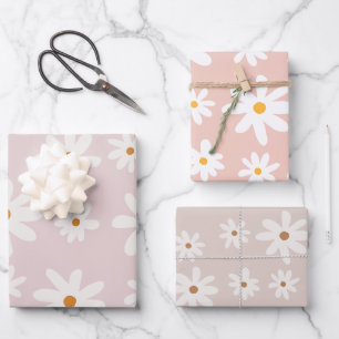 Groovy Retro Pink Brown Daisy Floral Wrapping Paper Sheets