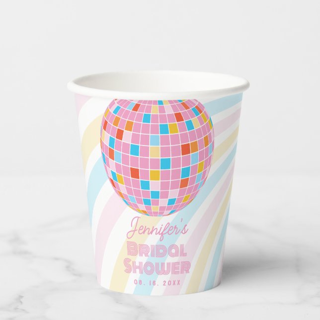 Groovy Retro Pink Disco Ball 70s 80s Bridal Shower Paper Cups (Front)