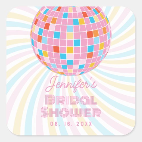 Groovy Retro Pink Disco Ball 70s 80s Bridal Shower Square Sticker