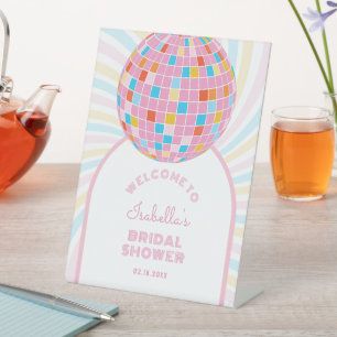 Groovy Retro Pink Disco Ball Bridal Shower Welcome Pedestal Sign