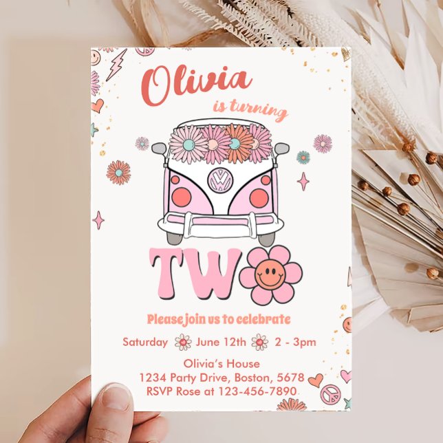 Groovy Retro Pink Flowers 2nd Birthday Invitation (Creator Uploaded)