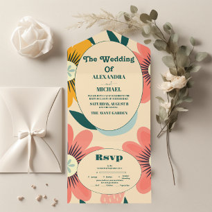 Groovy Retro Pink & Gold Wedding All In One Invitation