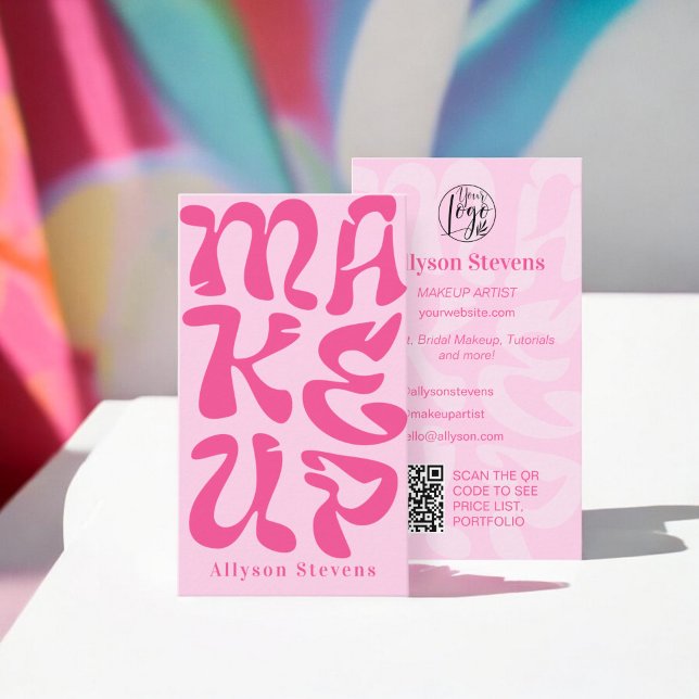Groovy retro pink logo qr code Makeup Business Card (Groovy retro pink logo qr code Makeup Business Card)