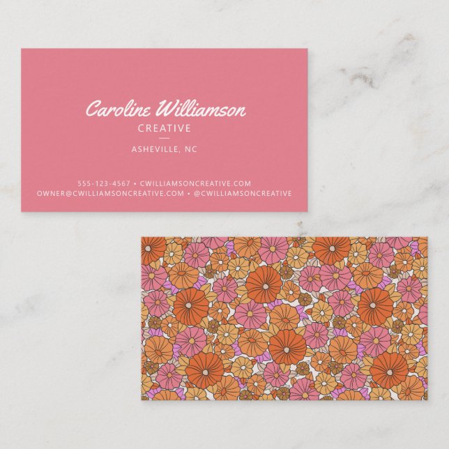 Groovy Retro Pink Orange Botanical Flowers Trendy Business Card (Front/Back)