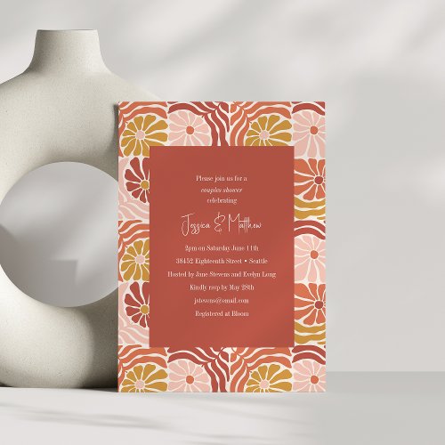 Groovy Retro Pink Rust Floral Boho Couples Shower Invitation