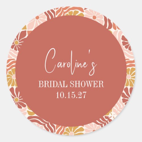 Groovy Retro Pink Rust Floral Custom Bridal Shower Classic Round Sticker