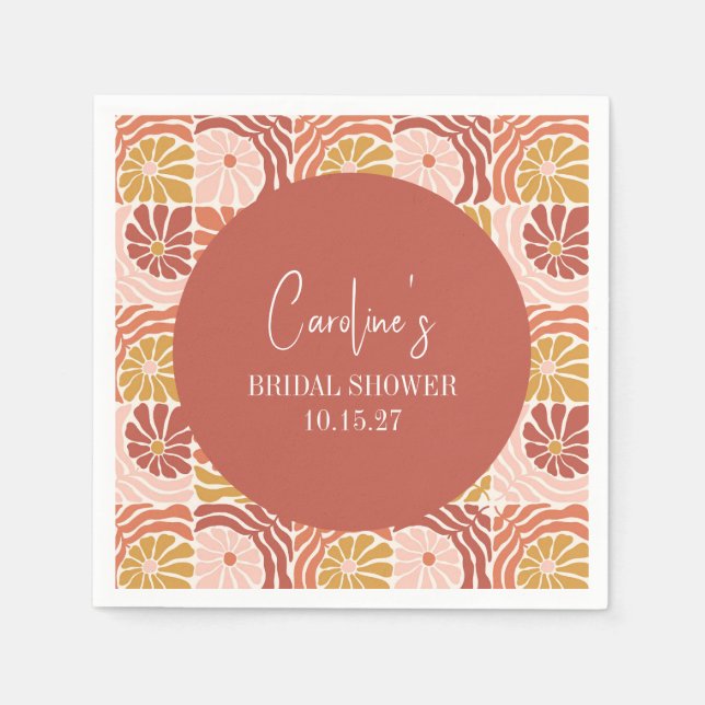 Groovy Retro Pink Rust Floral Custom Bridal Shower Napkins (Front)