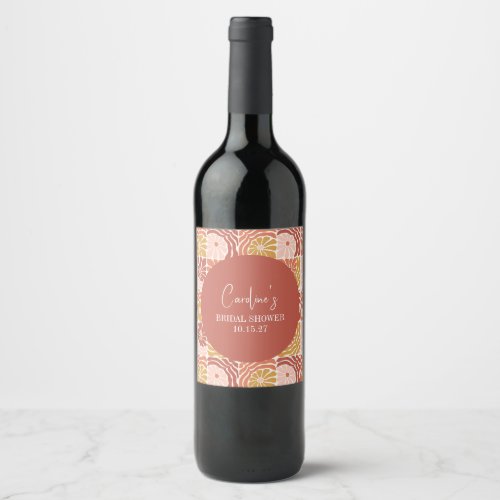 Groovy Retro Pink Rust Floral Custom Bridal Shower Wine Label