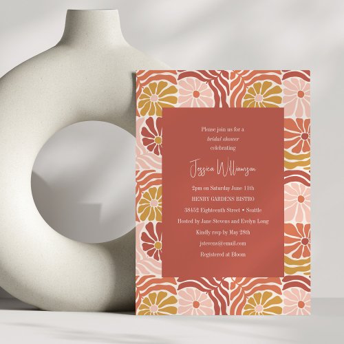 Groovy Retro Pink Rust Floral Cute Bridal Shower Invitation