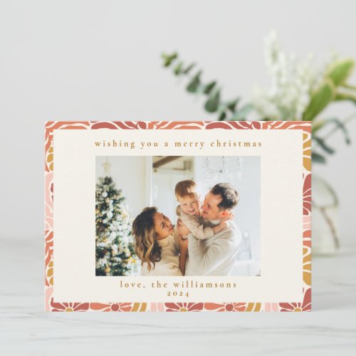 Groovy Retro Pink Rust Floral Cute Christmas Photo Holiday Card