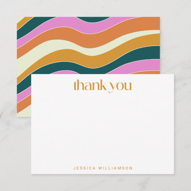 Groovy Retro Pink Yellow Wavy Custom Bridal Shower Thank You Card (Front/Back)