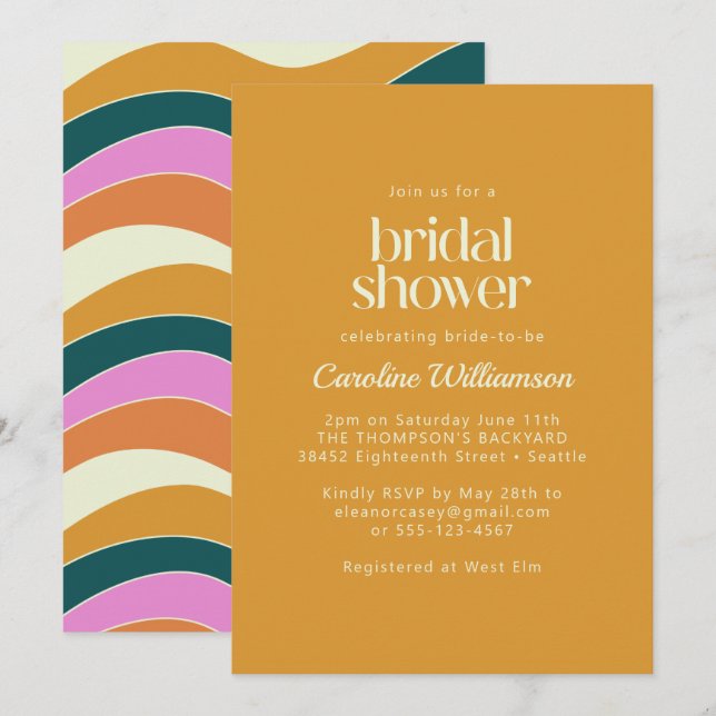 Groovy Retro Pink Yellow Wavy Lines Bridal Shower Invitation (Front/Back)