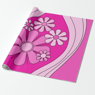 Groovy Retro Preppy Hot Pink Vintage Floral Wrapping Paper