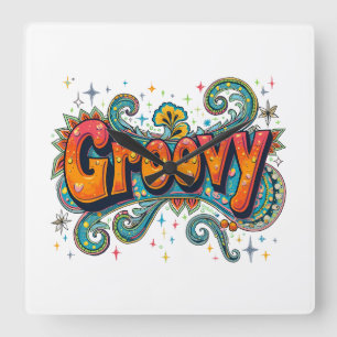 Groovy Retro Psychedelic 70s Funky Hippie Art Square Wall Clock