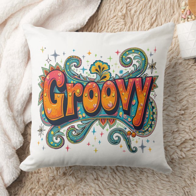 Groovy Retro Psychedelic 70s Funky Hippie Art Throw Pillow (Blanket)