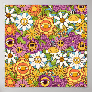 Groovy Retro Psychedelic Flower Garden Pattern Poster