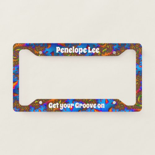 Groovy Retro Psychedelic Fractal Art and Your Name License Plate Frame