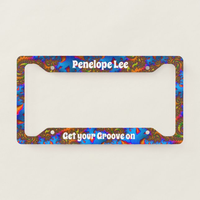 Groovy Retro Psychedelic Fractal Art and Your Name License Plate Frame (Front)