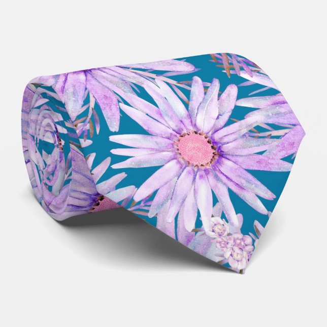 Groovy Retro Purple Daisy Pattern Neck Tie (Rolled)