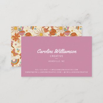Groovy Retro Purple Peace Flowers Trendy Business Card by LEAFandLAKE at Zazzle