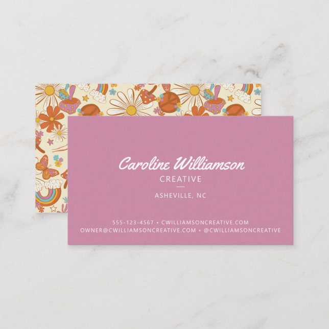 Groovy Retro Purple Peace Flowers Trendy Business Card (Front/Back)