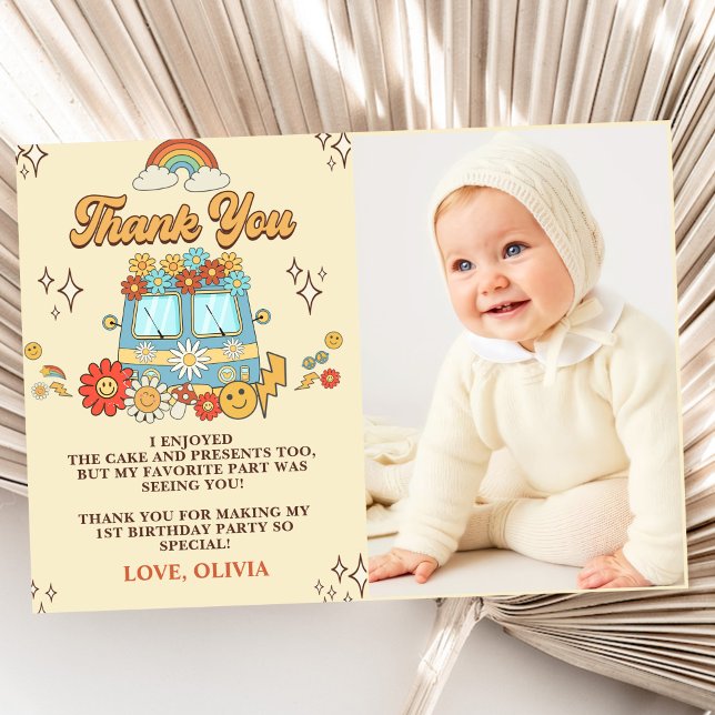 Groovy Retro Rainbow 1st Birthday Party Photo Thank You Card (Creator Uploaded)