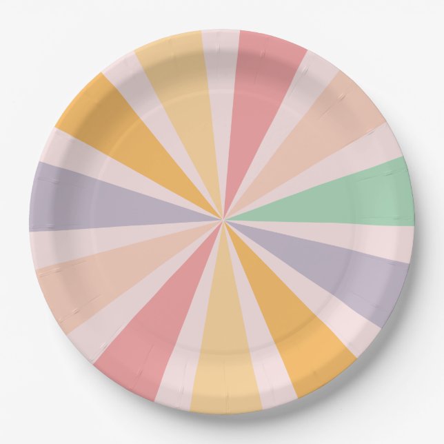 Groovy Retro Rainbow Birthday Paper Plates (Front)