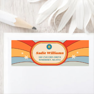 Groovy Retro Rainbow Birthday Party Label