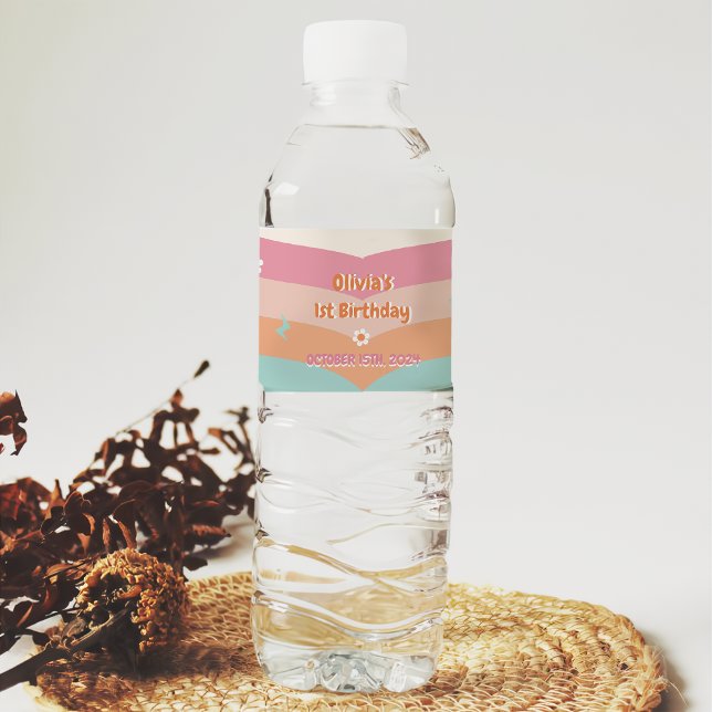 Groovy Retro Rainbow Birthday Party  Water Bottle Label (Creator Uploaded)