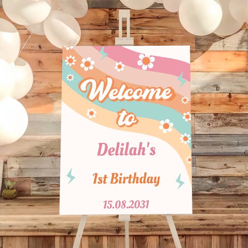 Groovy Retro Rainbow Birthday Party Welcome Sign