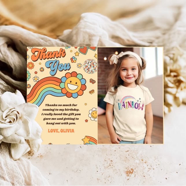 Groovy Retro Rainbow Birthday Photo Thank You Card (Creator Uploaded)