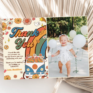 Groovy Retro Rainbow Birthday Photo Thank You Card