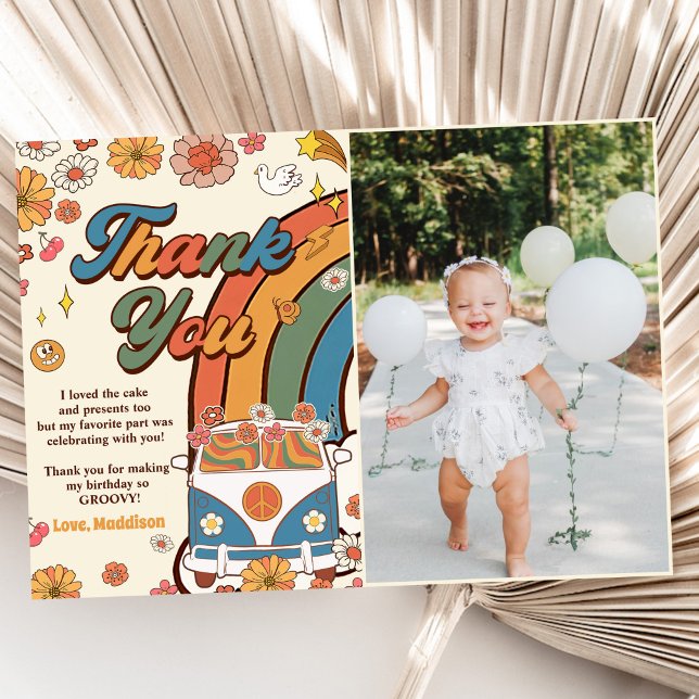 Groovy Retro Rainbow Birthday Photo Thank You Card (Creator Uploaded)