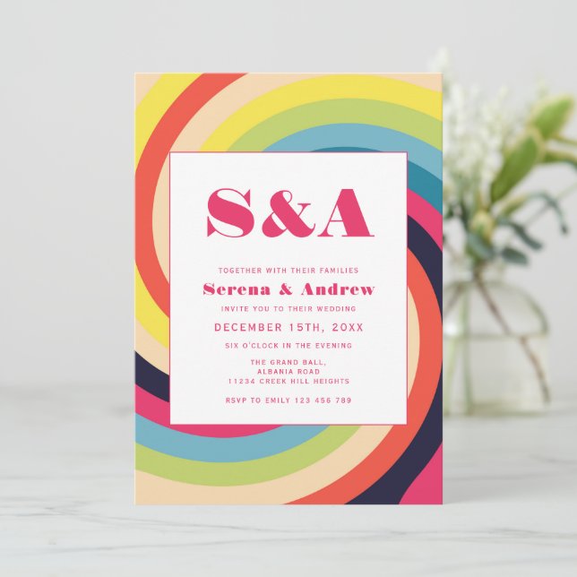 Groovy Retro Rainbow Colorful Wedding Invitation (Standing Front)
