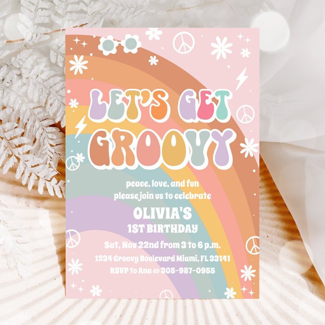Groovy Retro Rainbow Daisy Birthday Invitation (Creator Uploaded)